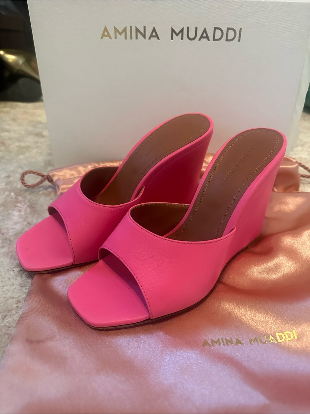 Amina Muaddi Neon Pink Square-Toe Slide Mules - Picture 3 of 7
